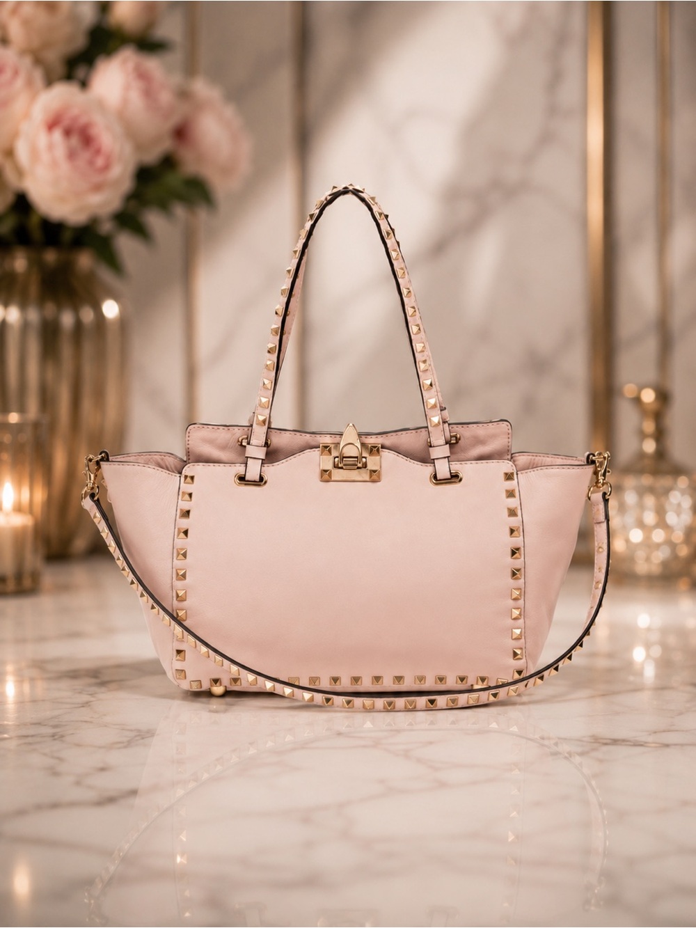 Valentino Garavani Rockstud Blush Pink 2-Way Tote/Crossbody Bag With Gold Studs